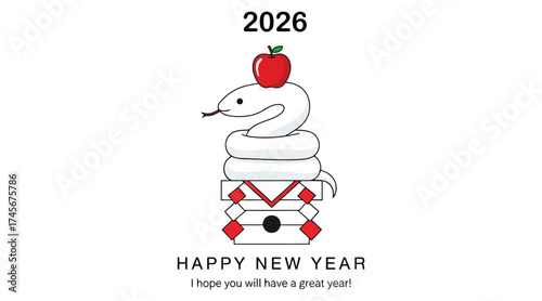 Vector art of new years card illustration for 2026 featuring a snake on top of a mirror mochi