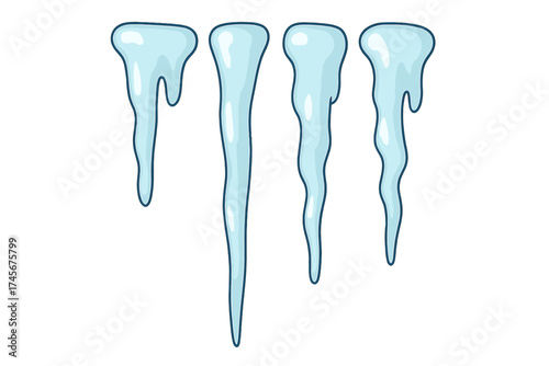 Set of blue cartoon icicles. Frozen hanging water spikes. Winter, cold weather, frost and snow symbol. Ice stalactite vector illustration collection isolated on white background.