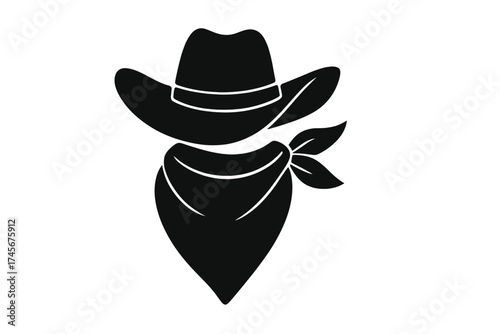Cowboy hat with bandana icon. Wild West symbol. Western bandit or sheriff costume element. American country accessory. Rodeo graphic. Black vector silhouette isolated illustration.