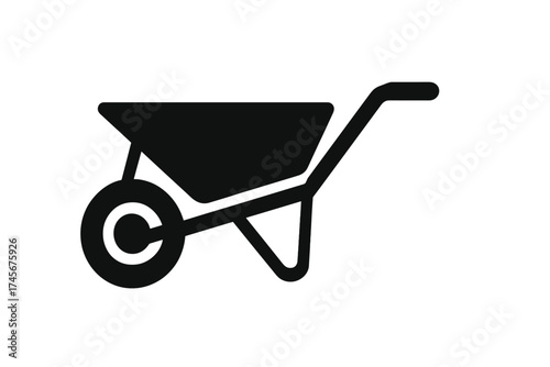 Wheelbarrow icon vector silhouette. Garden cart symbol for construction and farming. Tool for carrying and hauling. Landscaping equipment for yard work. Manual labor.