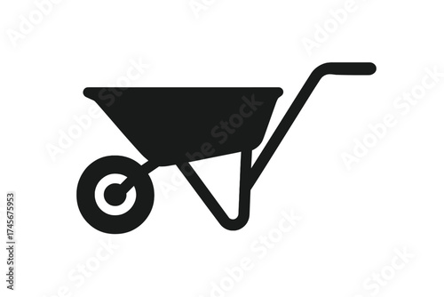 Wheelbarrow icon vector silhouette. Garden or construction cart for carrying loads. Simple black wheel barrow symbol for farming, building, and landscaping work equipment.