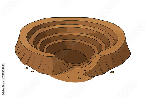 Open-pit mine cartoon vector icon. Big quarry for mineral excavation or sand extraction. Mining industry concept. Giant hole in the ground symbol. Geology cross section.