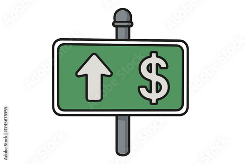 Road sign to financial success. Arrow up and dollar sign icon. Business profit growth. Inflation and rising prices concept. Economic recovery. Investment direction vector.