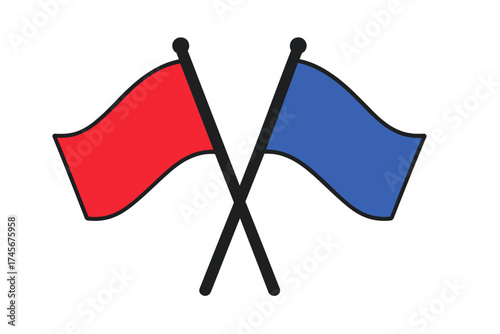 Red versus blue crossed flags vector icon. Metaphor for opposition, conflict, competition or choice. Political election concept with republican and democrat symbols. Team game battle.