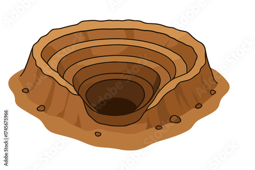 Open pit mine for mineral excavation. Large quarry for ore, coal, or stone extraction. Mining industry symbol. Big hole in ground. Cartoon vector icon for geology, resource.