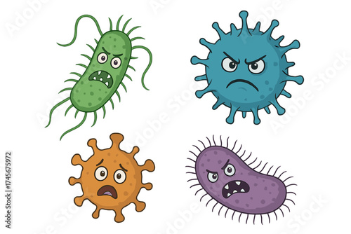 Set of cartoon bacteria and virus characters. Vector illustration of angry and sad germs, pathogens, and microbes. Concept for disease, infection, hygiene, and medicine.