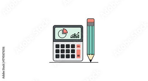 Flat Illustration of Calculator with Pencil and Chart for Financial Data