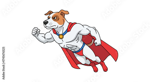 Comic Style Muscular Superhero Dog Character in Flight Illustration