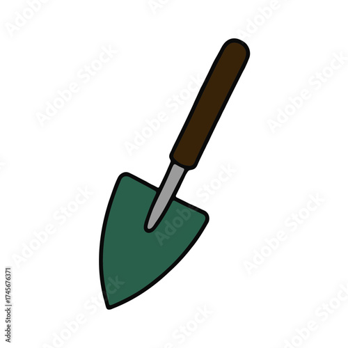 A simple cartoon illustration of a hand trowel with a brown handle and green spade on a black background
