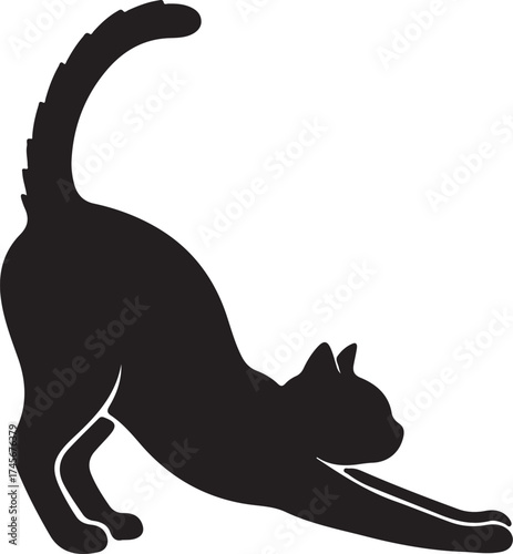 Black cat stretching silhouette isolated on white background