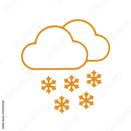 Stylized orange outline of two clouds with falling snowflakes against a solid black background