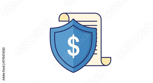 Flat Design Shield Protection With Dollar Sign And Paper Document Illustration