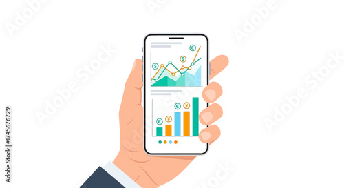 Modern Flat Style Hand Holding Mobile Phone with Business Chart