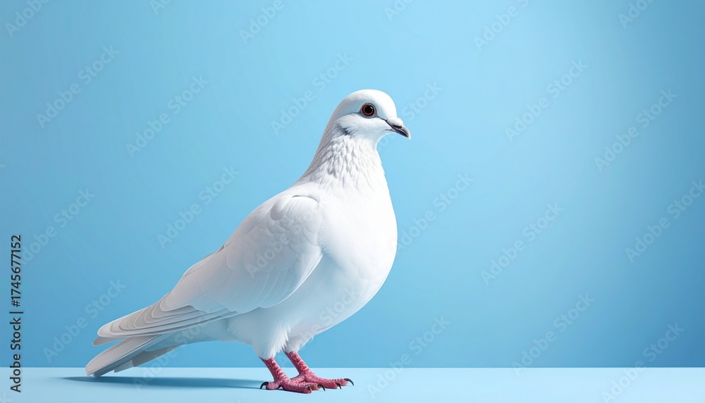 Obraz premium Beautiful white dove standing in profile on a solid blue background.