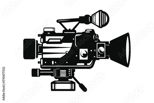 Detailed Black Silhouette of a Professional Video Camera on Tripod with Microphone