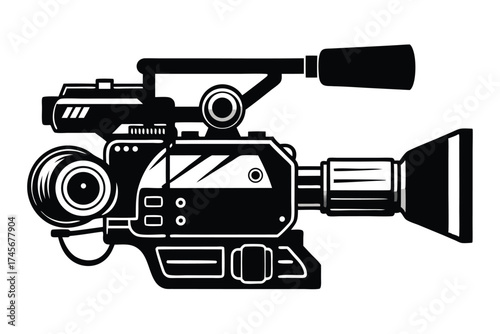 Isolated illustration featuring a black and white vintage broadcast camera for video production