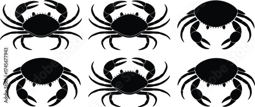 Crab silhouettes in various poses, claw positions, marine animal shapes, flat vector illustration for sea life, design, and reference use