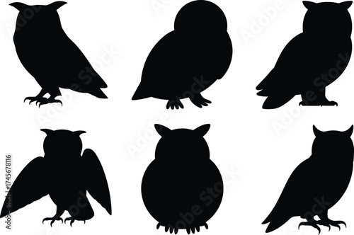 Owl silhouette set, flying and perched poses, bird icon collection, nocturnal wildlife shapes, black vector design, flat vector illustration