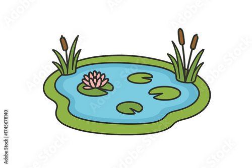 Cartoon pond icon with water lily and reeds. Small lake or swamp with lotus flower and lily pads. Natural park or garden landscape element. Vector illustration isolated on white.