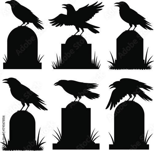 Raven silhouette set, graveyard bird pose, spooky cemetery icon, Halloween theme artwork, dark vector element, flat vector illustration