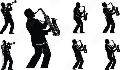 Musician silhouettes, jazz band illustration, saxophone players, trumpet performers, live music concept,  