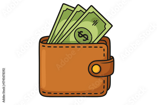 Wallet with money cartoon vector icon. Financial concept with cash, dollars in a leather purse. Symbol for business, savings, wealth, income, payment, shopping, economy.