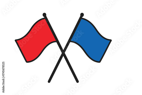 Crossed red and blue flags icon for capture the flag game. Symbol for paintball, airsoft, or team sports competition. Red versus blue team rivalry concept vector illustration.