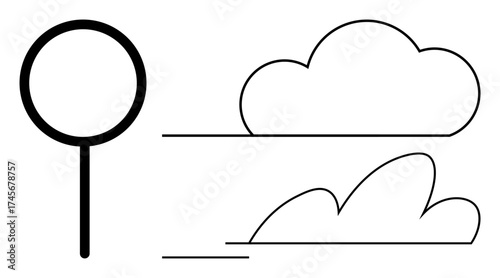 Magnifying glass focused on simple cloud forms, symbolizing observation, analysis, climate, research, environment, data processing, and knowledge discovery. Ideal for science education