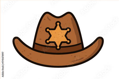 Cartoon sheriff hat with golden star badge, western cowboy peacekeeper symbol, vintage Wild West law enforcement, vector illustration with transparent background