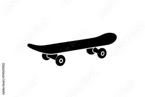 Black skateboard icon with transparent background, vector illustration of skate park symbol, isolated skateboarding board silhouette in modern flat style, urban sports design