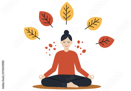 serene woman meditates amidst falling autumn leaves embodying Fall Breath A calming illustration with a focus on mindfulness and seasonal beauty Perfect for wellness and lifestyle content