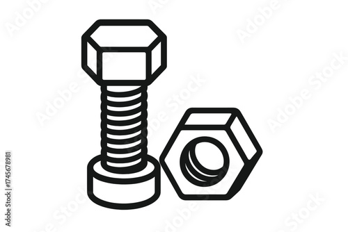 Structural bolt and hex nut icon in black silhouette isolated on white background. Build and repair construction symbol vector illustration. Mechanical fastener hardware design element.