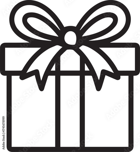 Simple black outline gift box with ribbon bow icon symbol celebrating holidays birthdays special occasions presents giving surprise vector