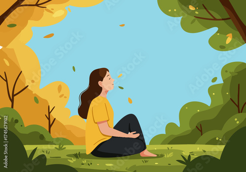 A serene woman meditates outdoors in a vibrant autumn park. Soft lighting and a peaceful expression create a calming, visually appealing scene perfect for wellness and lifestyle content.