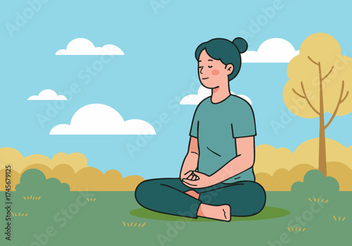 A serene woman meditates outdoors in Oversee Park. She sits in a relaxed posture, enjoying a peaceful moment amidst nature. Soft colors and a calming composition.