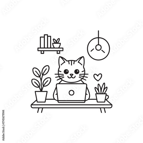 Cute cartoon cat working on laptop at desk with plants and bookshelf fun whimsical animal home office scene vector