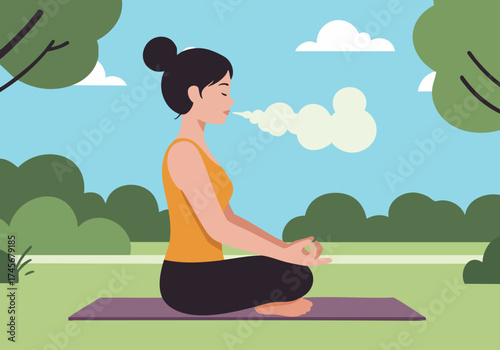A serene woman practices mindful breathing outdoors. She sits in a meditative pose, enjoying the fresh air and nature. Soft, calming colors and a peaceful expression.