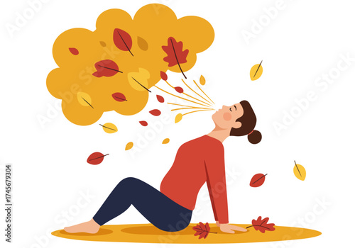 A woman practices Active Leaf Flow, exhaling falling autumn leaves. A serene, vibrant illustration evokes relaxation and nature's beauty. Perfect for wellness and lifestyle themes.