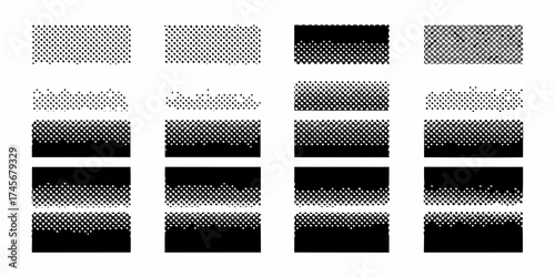Collection of halftone patterns and gradients showing transitions from dots to solid black and white