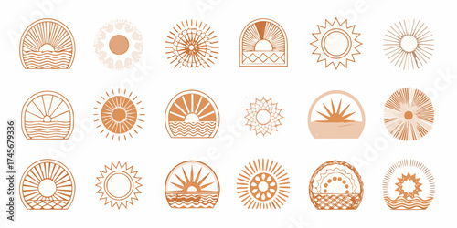 Collection of abstract sun and wave icons in warm earthy tones and minimalist boho style
