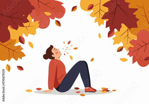 A woman relaxes amidst falling autumn leaves, enjoying a peaceful moment. Warm colors and a soft, inviting composition create a serene autumn scene. Perfect for lifestyle and wellness themes.