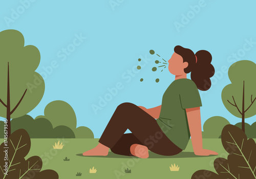 A woman relaxes outdoors, breathing deeply amidst trees. She?s sitting cross-legged, enjoying a moment of peace and tranquility. Soft, natural tones create a calming scene.