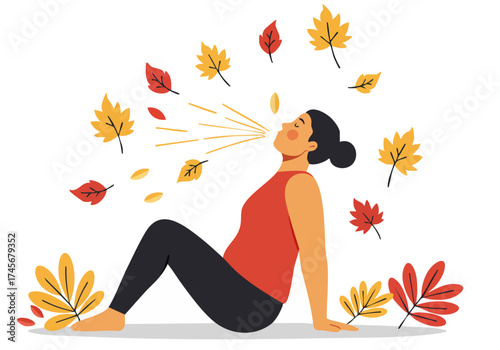 woman practices Active Leaf Flow yoga outdoors amidst falling autumn leaves A serene and vibrant image showcasing wellness and nature's beauty Perfect for health fitness and lifestyle content