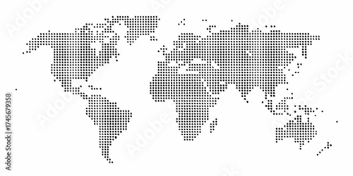 World map composed of black dots on a white background representing global connection and information flow