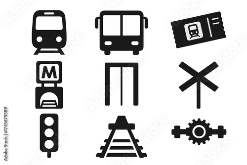 Public transport icons set including train, bus, subway, ticket, traffic light, platform, railroad crossing, gear mechanism, vector symbols in black flat style for transportation and travel design