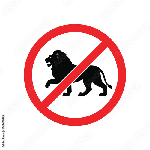 Red prohibition circle with a black silhouette of a lion walking inside indicating no lions allowed or danger warning