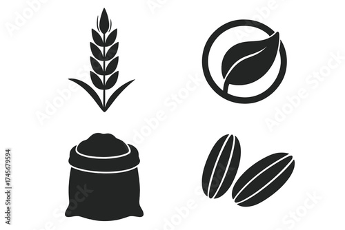 Vector set of crop icons and ecological symbols with grain, leaf, sack of flour, and coffee beans illustration for cooking and agriculture, transparent background design