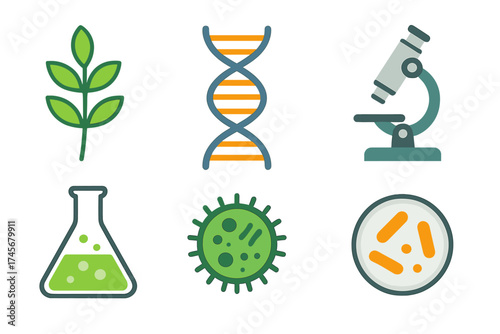 Biology and science vector icons set with laboratory, DNA, microscope, plant, virus, and petri dish symbols, transparent background, biological research and scientific study illustration