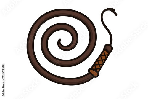 Cartoon Whip Icon, Single Western Wild West Whip Vector Illustration with Leather Handle, Coiled Lasso Rope, Cowboy Tool Transparent Background Design