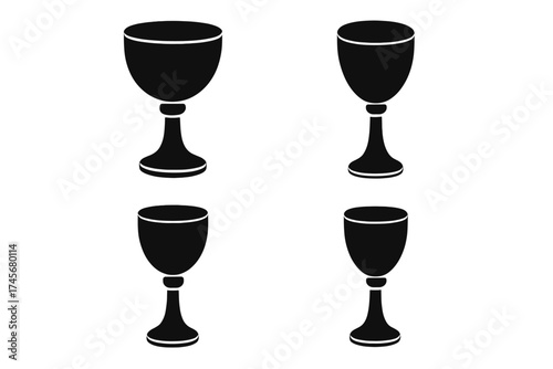 Set of black wine cup icons with transparent background, religion symbol vector illustration, isolated chalice silhouettes for spiritual, religious, church and communion concepts